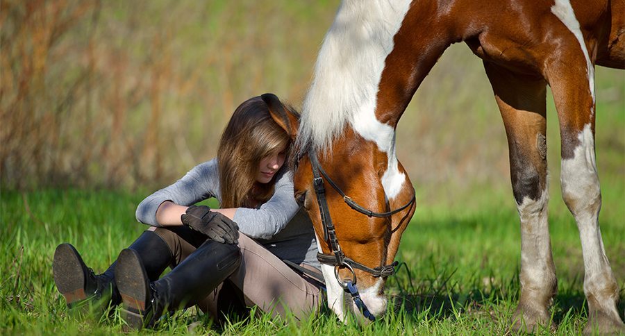 Girl sportswoman and her horse after a riding in the spring