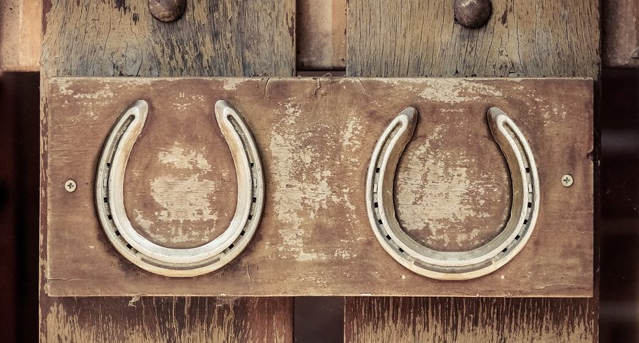A pair of Horse shoes on wood wall background