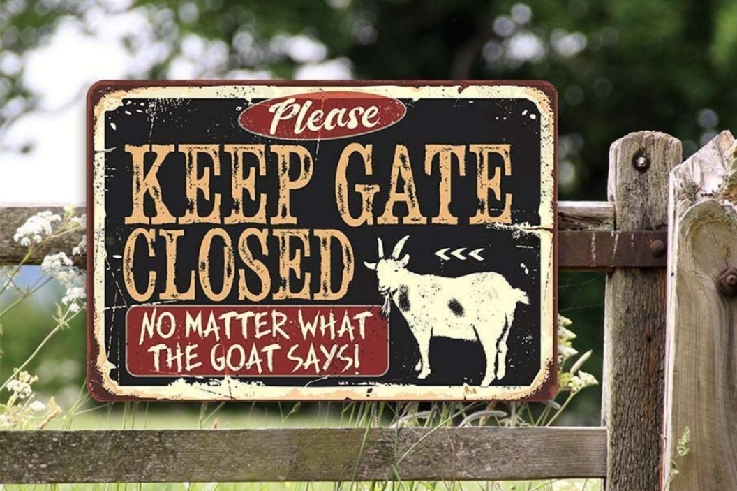 funny goat sign keep gate closed