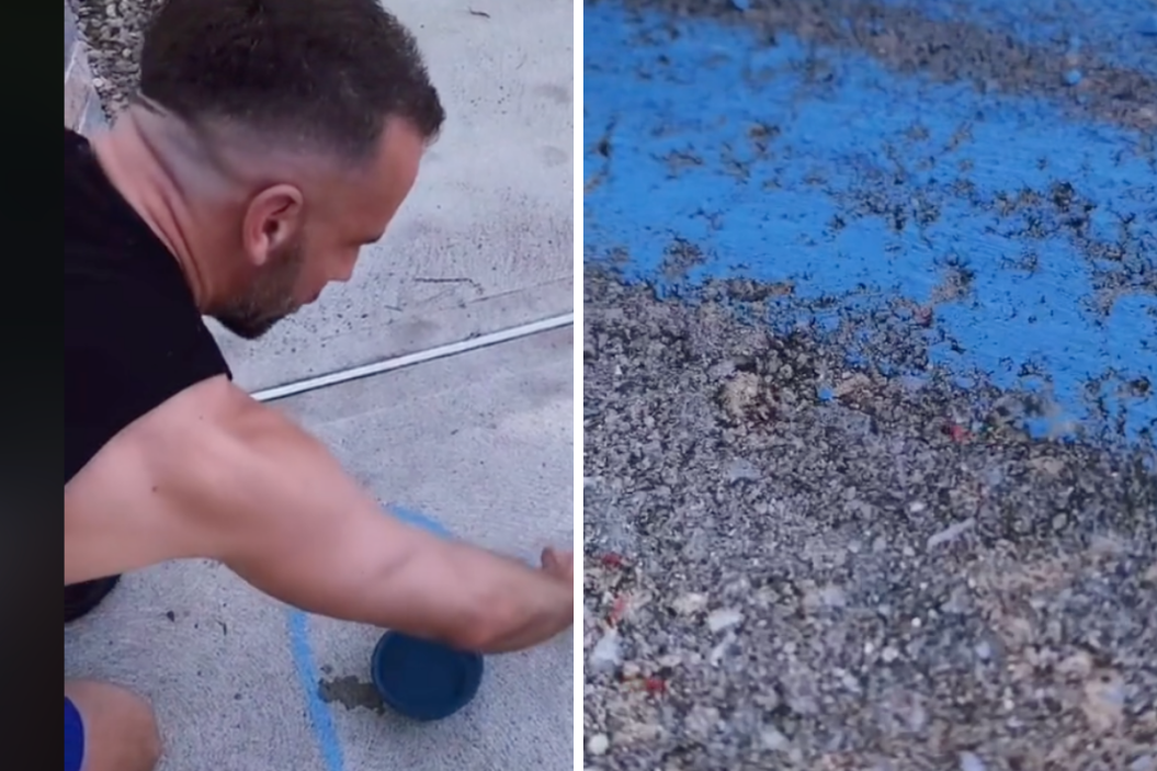 vet draws around dogs water with chalk